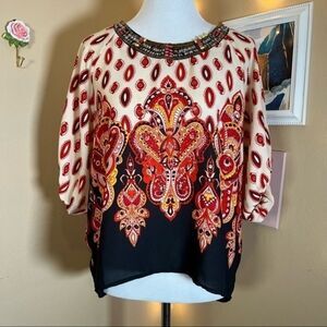 Francesca's Miami | Boho Bead Embellished Paisley Hippie Blouse Sz Medium